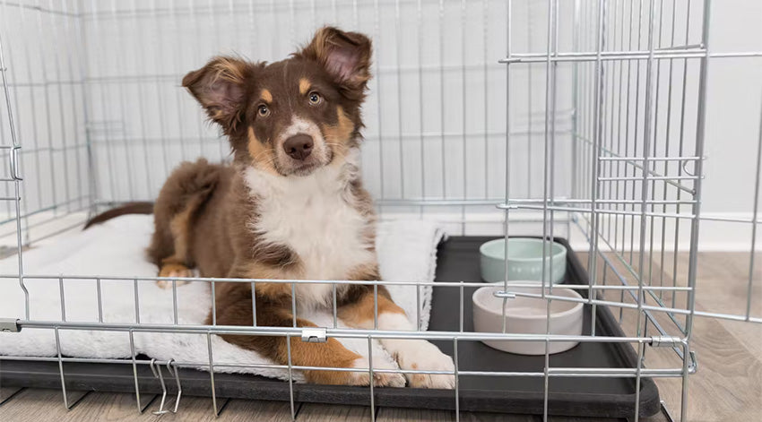 Brown and white dog resting in a crate